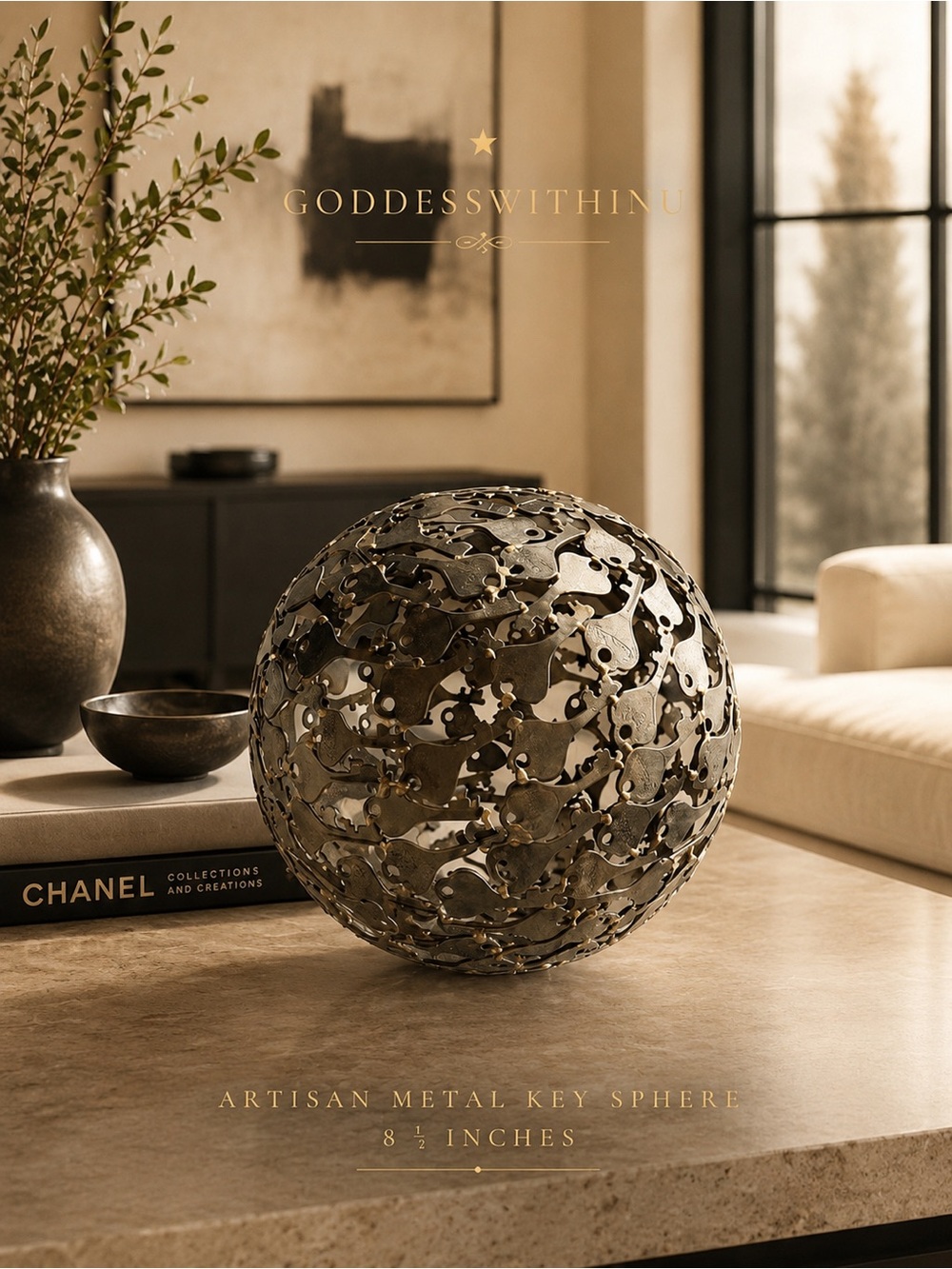 8.5" Artisan Metal Key Sphere Sculpture | Industrial Brass Weld